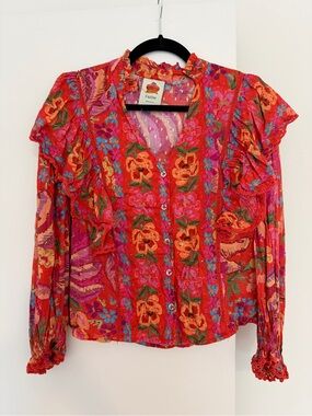 FARM Rio Red Multi Floral Ruffled Button-Down Blouse